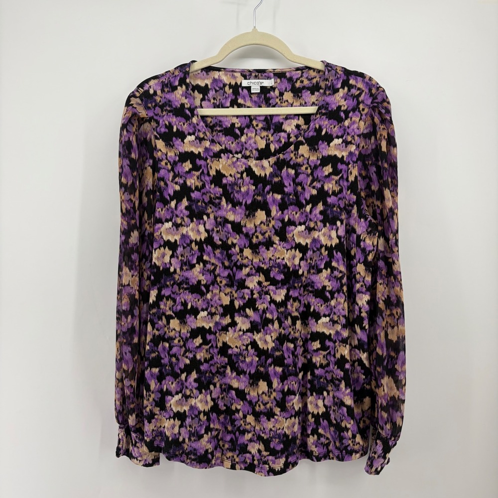Chicos Womens L Purple Floral Mixed Media Top Sheer Chiffon Sleeve Smocked Cuff